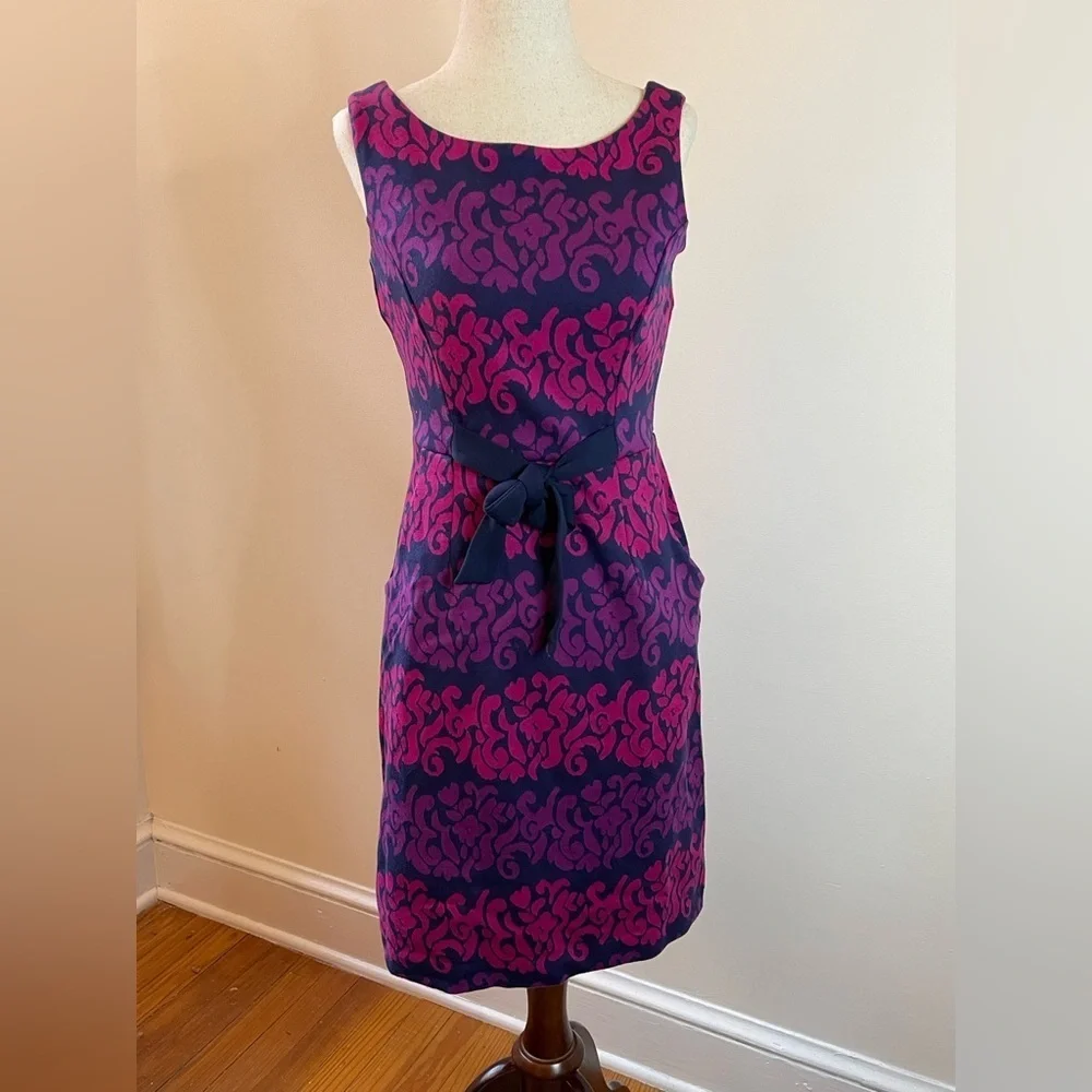 Lilly Pulitzer Jacquard Tie-Waist Sheath Dress Pink Navy Damask Pattern Size S